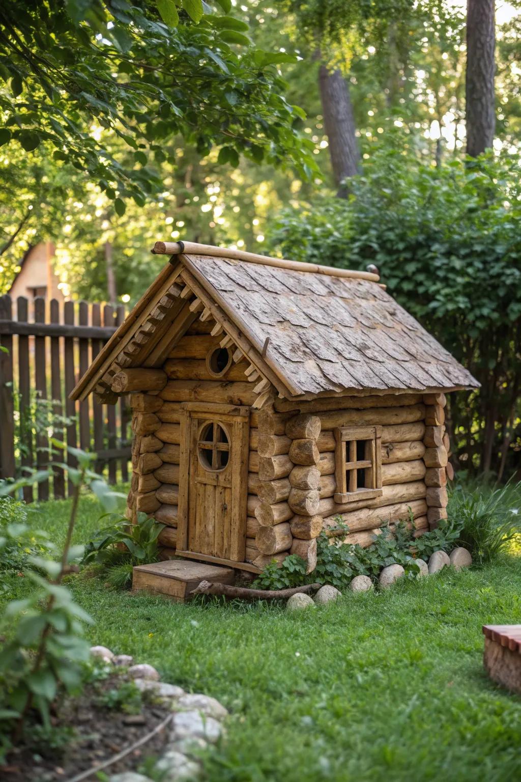 A cozy retreat: Handcrafted log cabin for ducks, blending craftsmanship with nature's serenity.