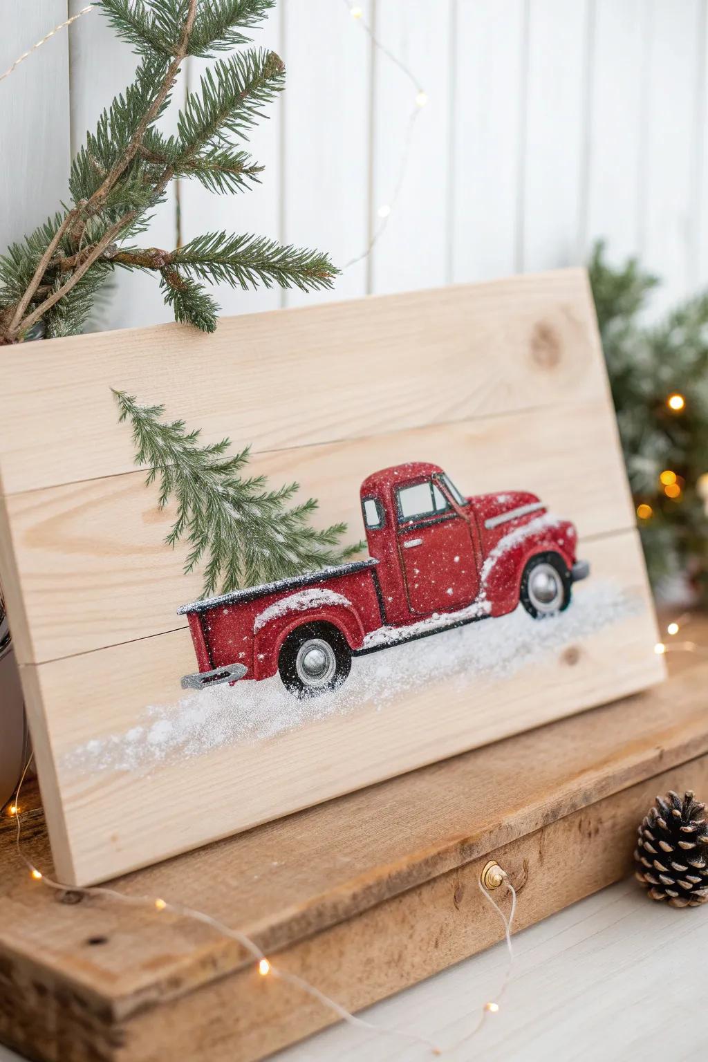 Capture the essence of winter nostalgia with this charming vintage red truck painting on rustic wood.
