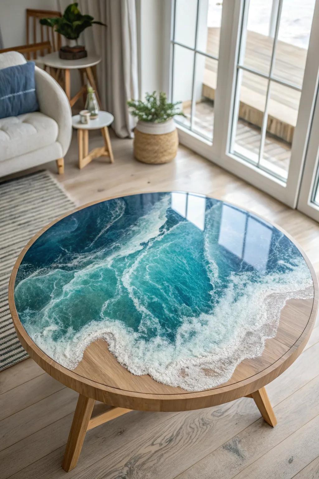 Dive into serenity with this ocean-inspired epoxy table top, where craftsmanship meets coastal elegance.