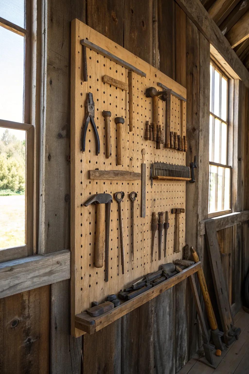 Master the art of organization with a handcrafted tool display board that combines functionality and timeless style.