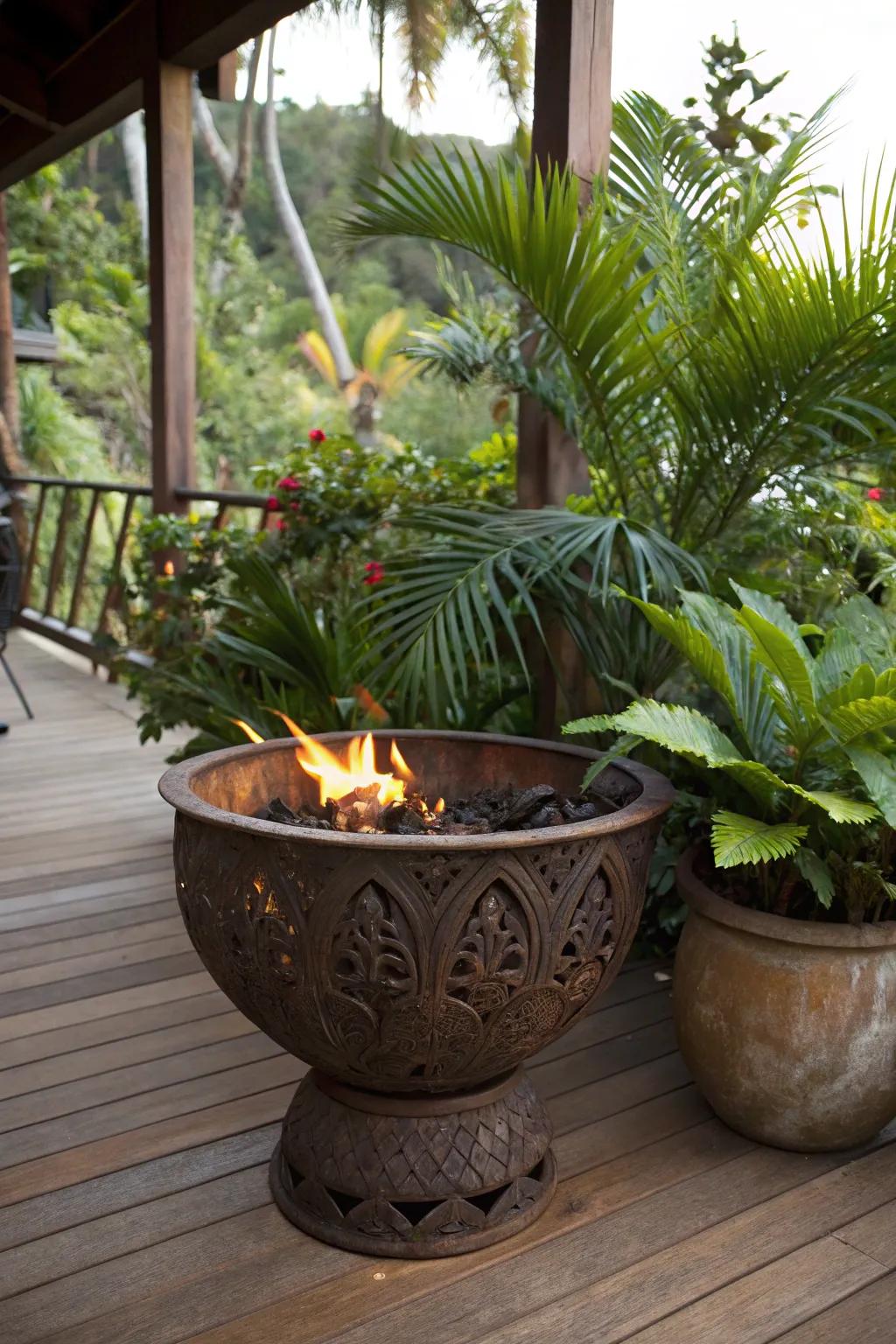 Escape to your own tropical paradise with this exquisite fire pit planter, perfect for crafting a serene island retreat right on your porch.