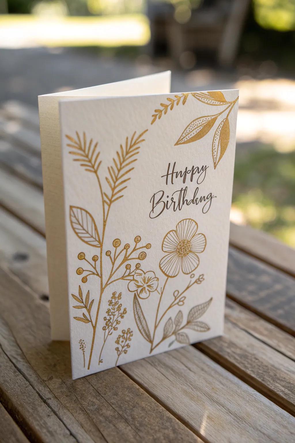 Elevate your greetings with golden floral elegance – a minimalist boho masterpiece.