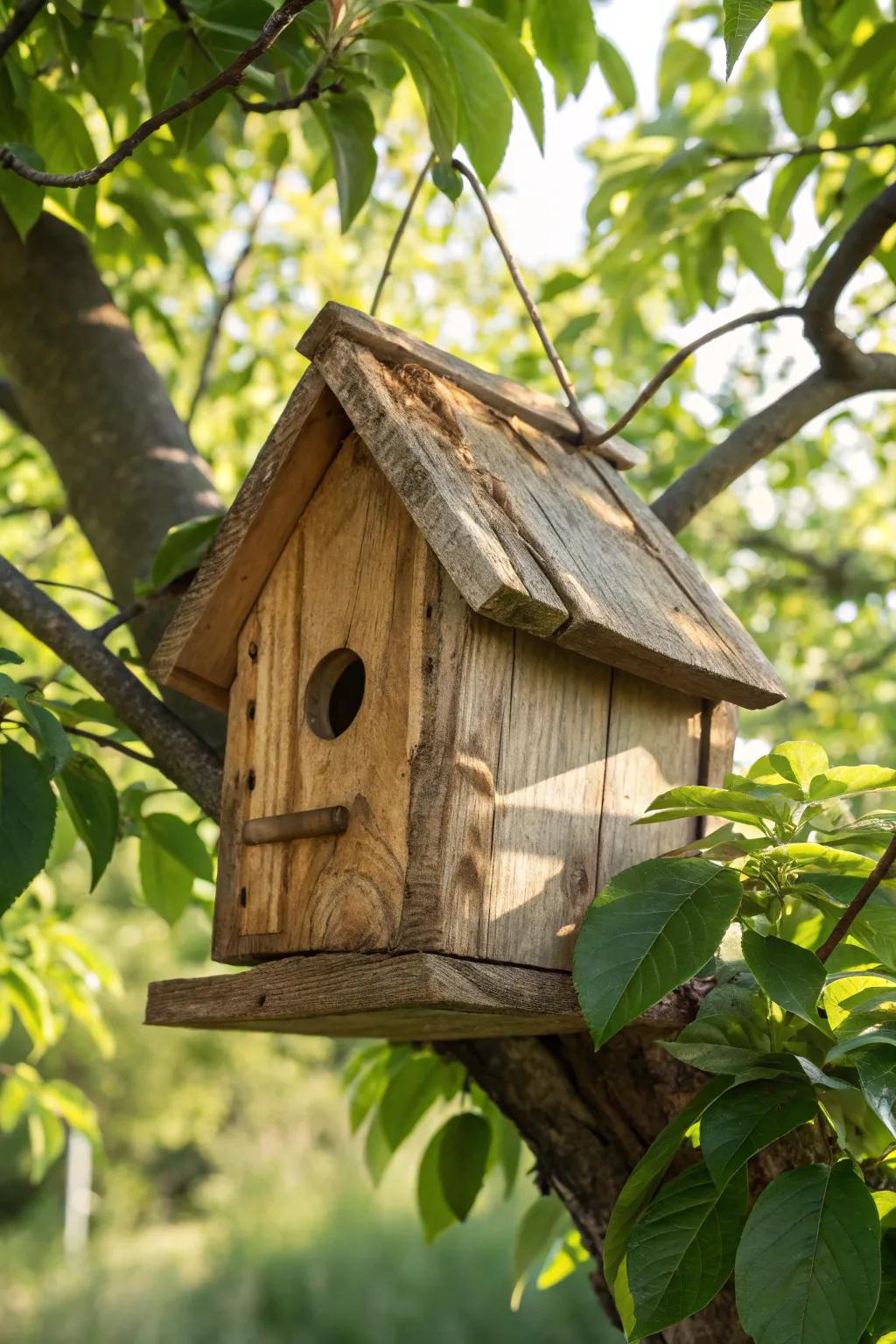Seamlessly blend nature and craftsmanship with a reclaimed wood birdhouse.