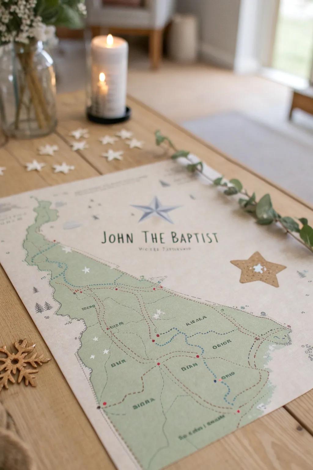 Discover the path of simplicity and purpose with this handcrafted map inspired by John the Baptist's journey.