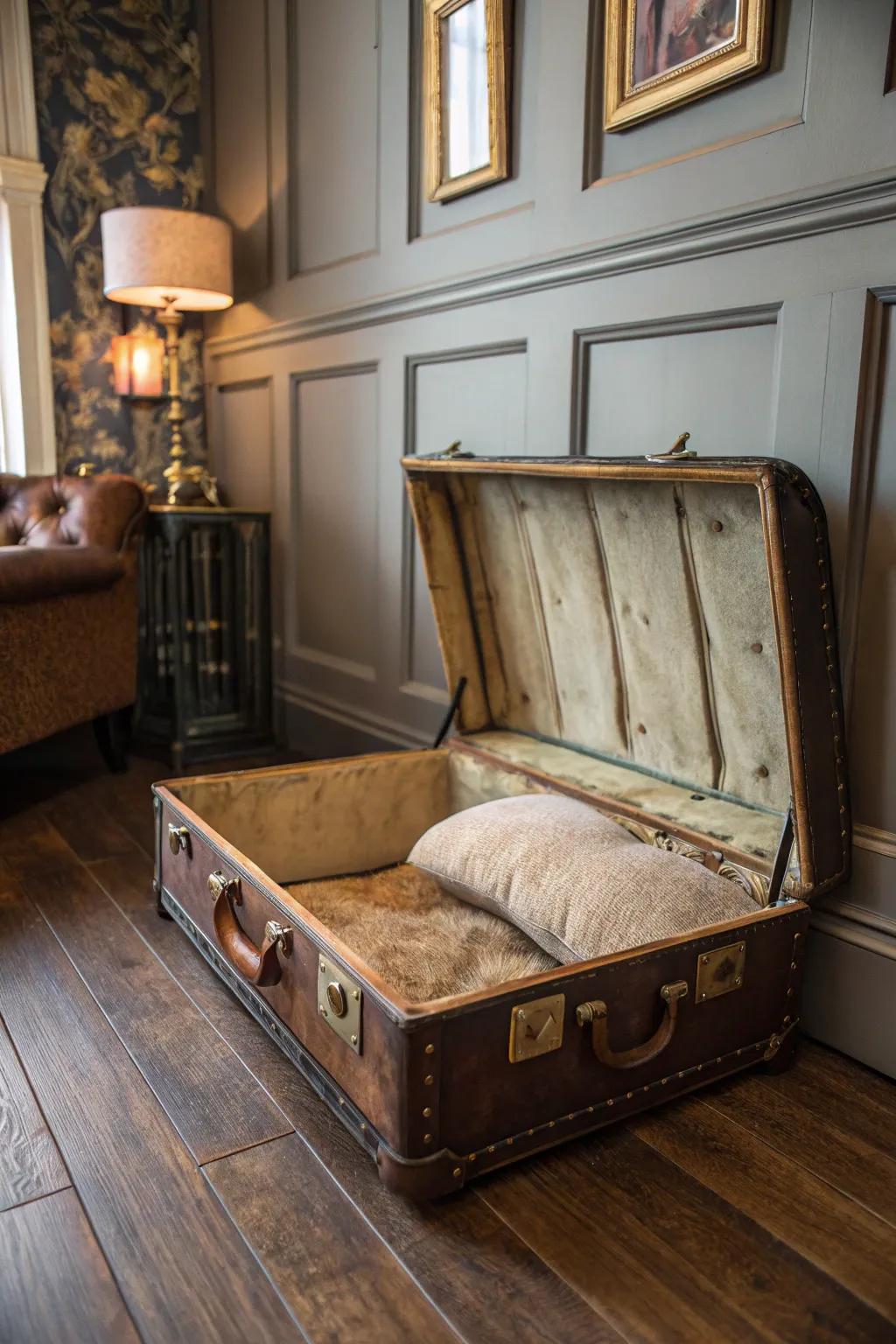Transform old-world charm into a cozy haven for your pet with this vintage suitcase kennel.