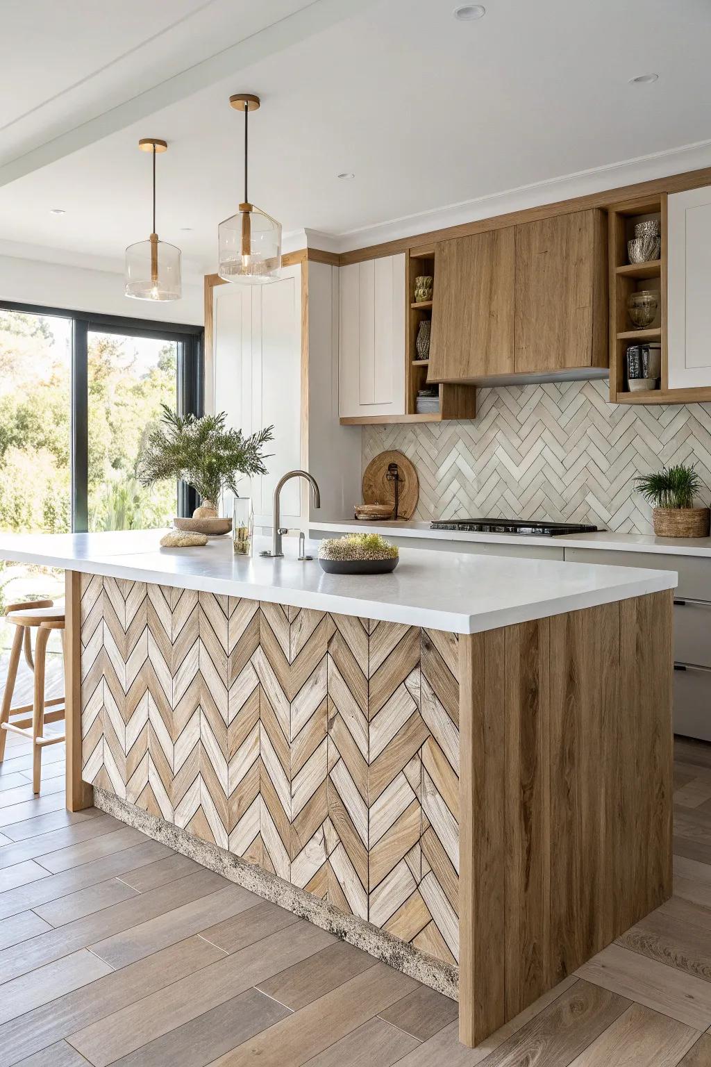 Elevate your kitchen with the timeless elegance of a herringbone tile backsplash—where minimalism meets boho charm.