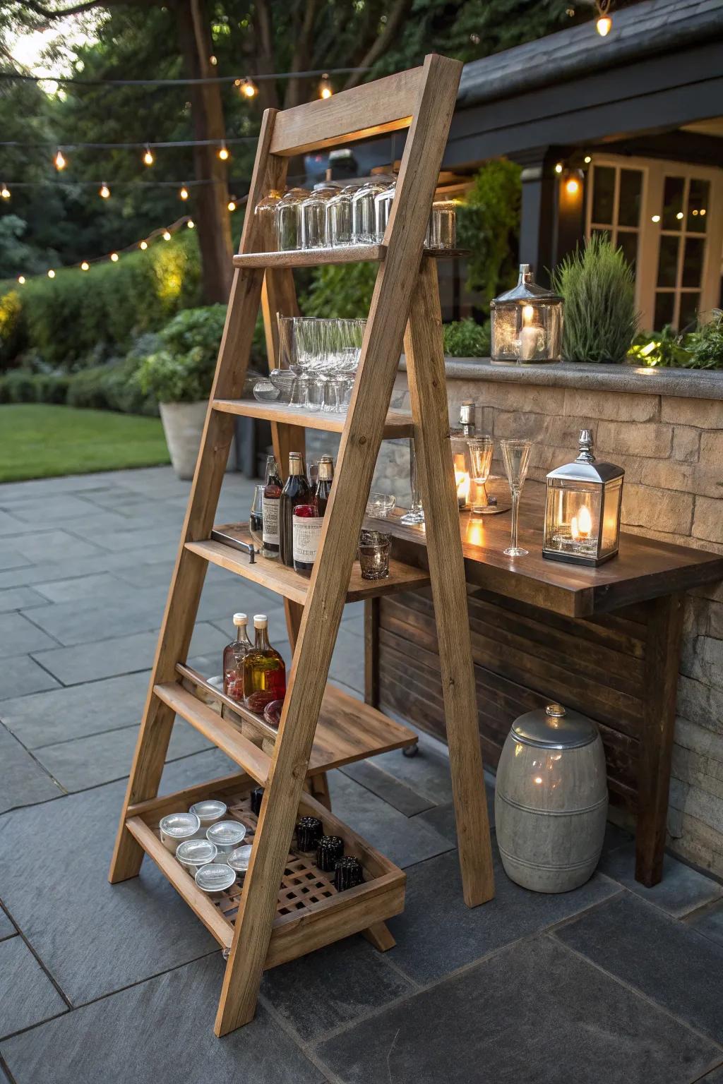 Elevate your gatherings with this handcrafted ladder shelf bar—perfect for any indoor or outdoor setting.