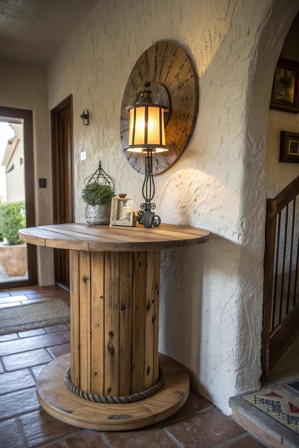 Transform your space with this chic spool console table — a perfect blend of rustic charm and modern elegance.