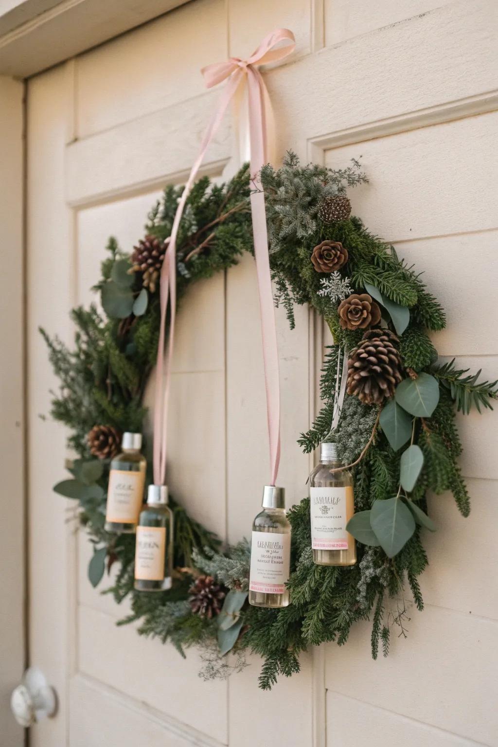 Add a touch of festive charm with mini bottle accents on your holiday wreath!