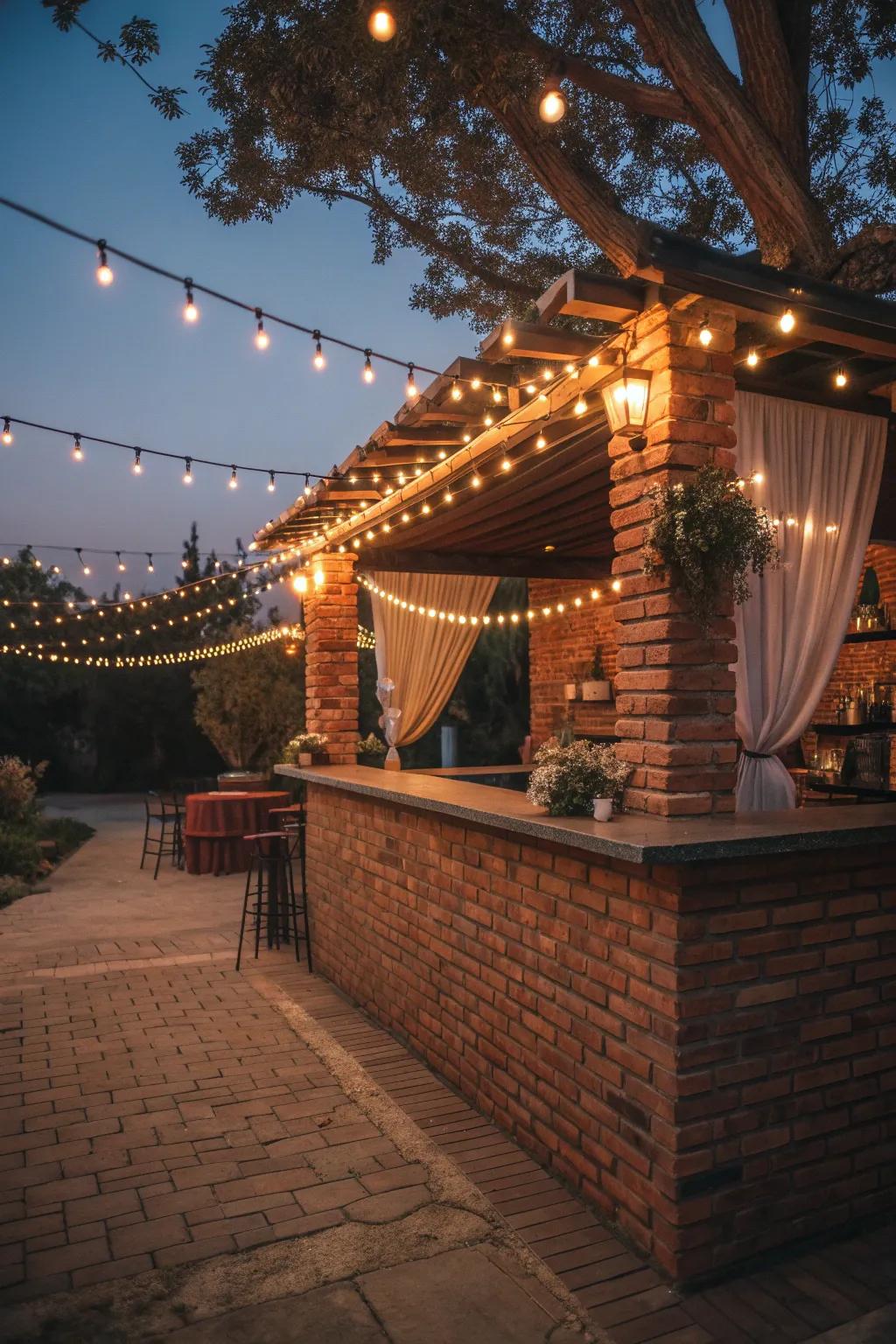 Illuminate your nights with enchanting string lights for a cozy and inviting outdoor brick bar atmosphere.