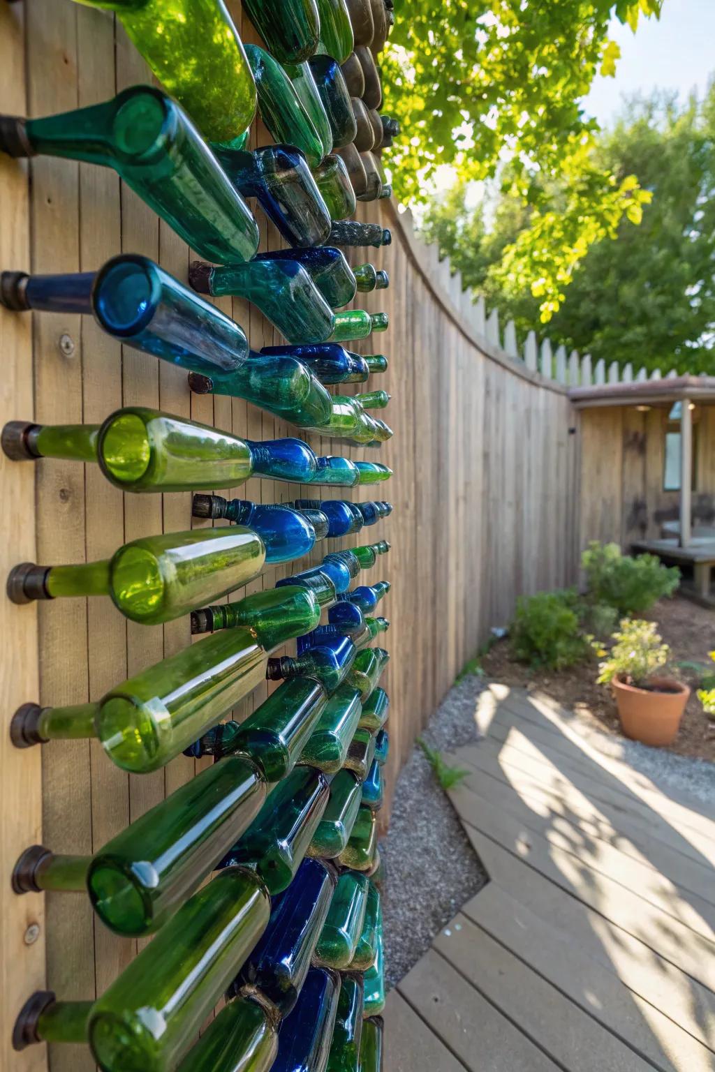 Transform your garden with an artistic glass bottle wall – where craftsmanship meets nature.