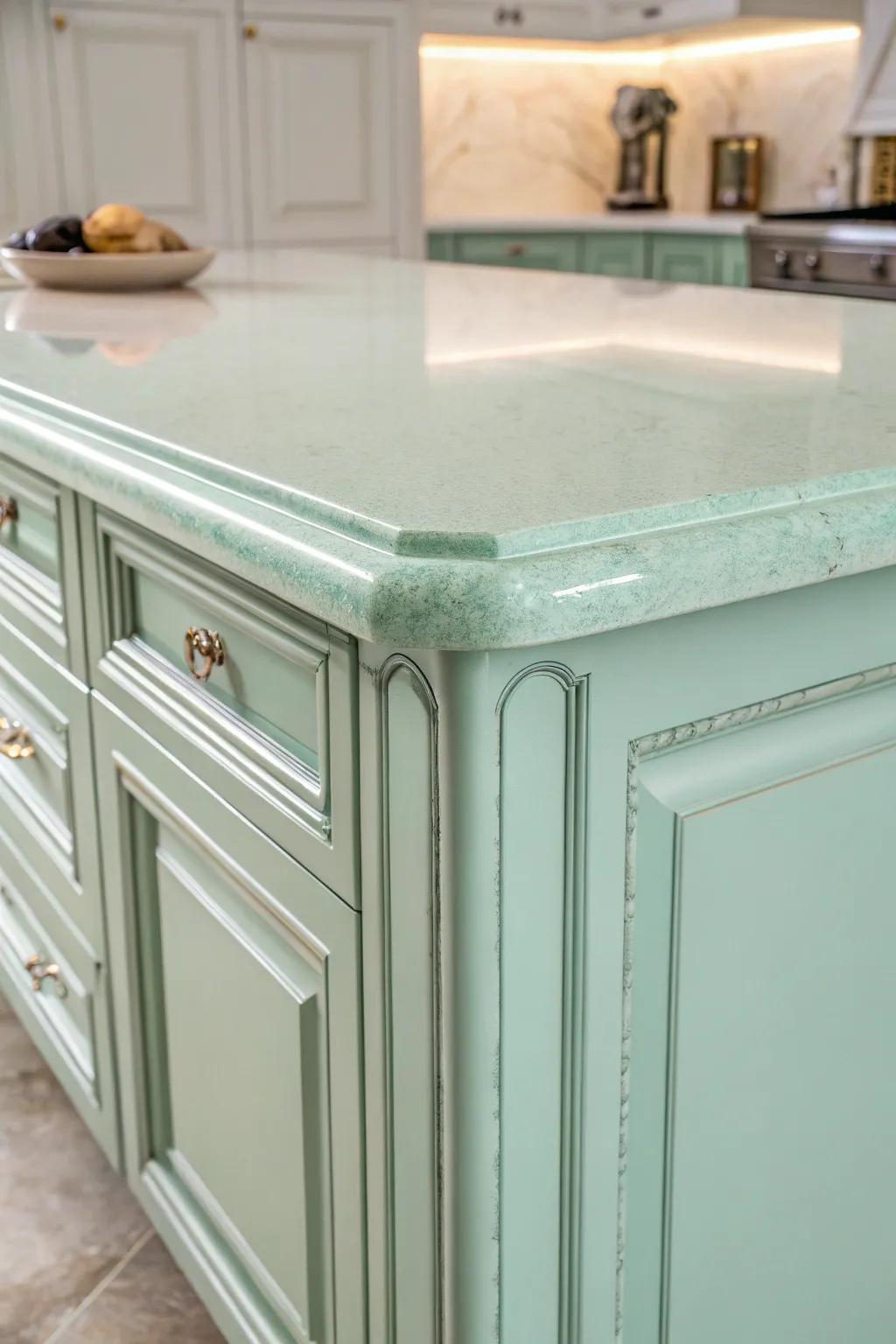 Transform your kitchen with the serene beauty of muted mint green countertops. #PastelDream