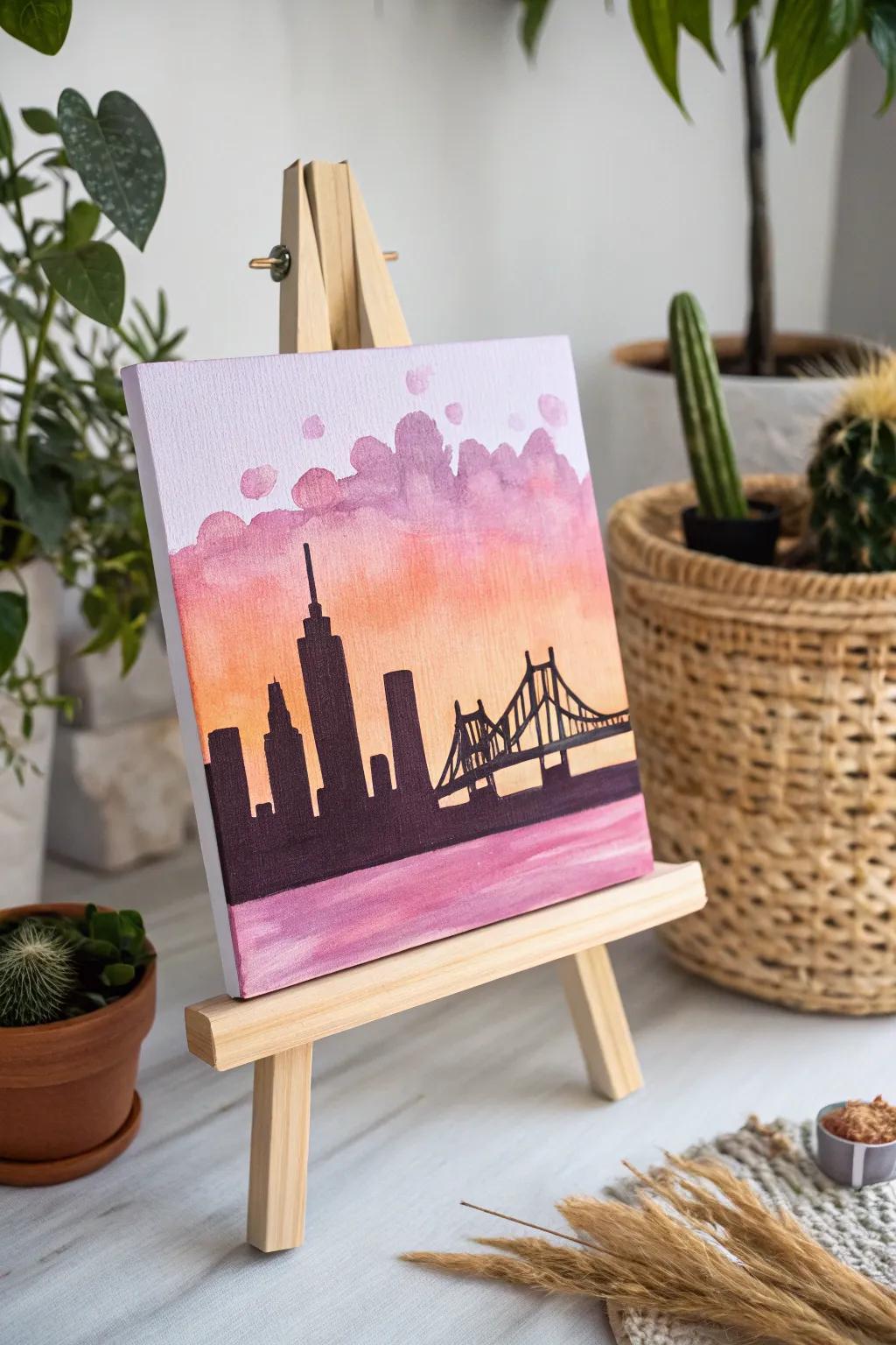 Capture the essence of adventure with a minimalist city skyline painting—where home meets the horizon.