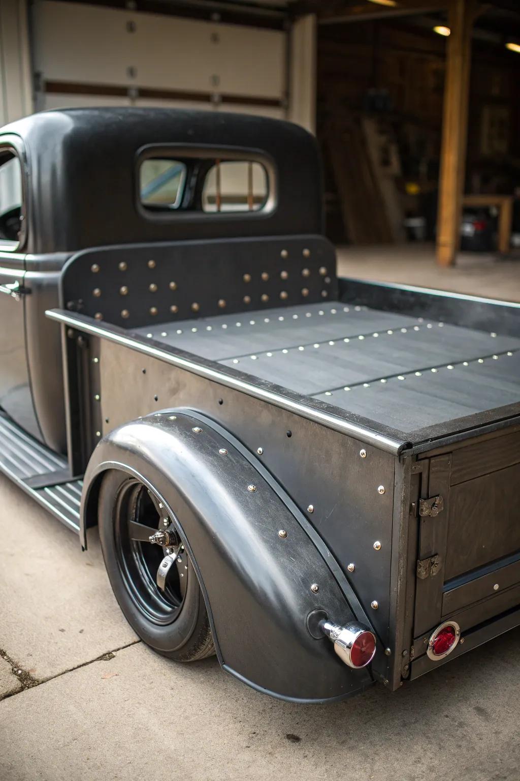 Experience the art of low-slung design with this sleek rat rod truck bed.