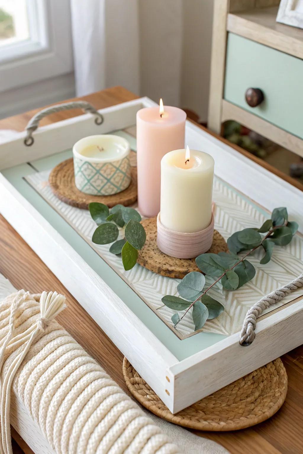 Transform old into gold: A repurposed cabinet door becomes a chic decorative tray, perfect for your minimalist haven.