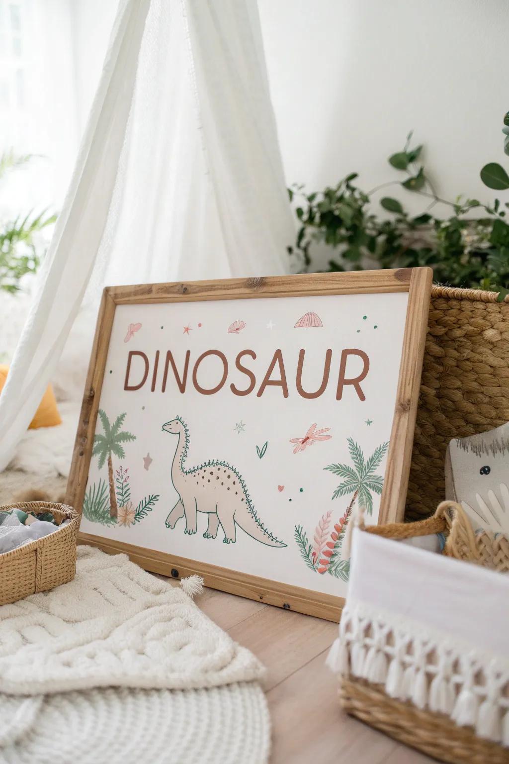 Add a touch of whimsy to your child's room with a personalized dinosaur-themed sign that blends Scandinavian elegance with Boho flair.