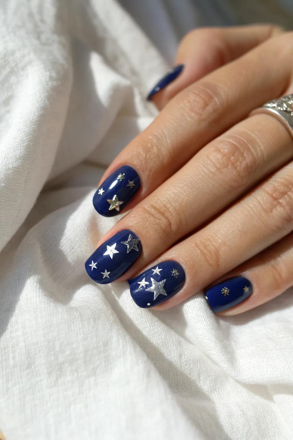 Elevate your Fourth of July look with deep blue nails and shimmering silver stars – simple, stylish, and stunning.