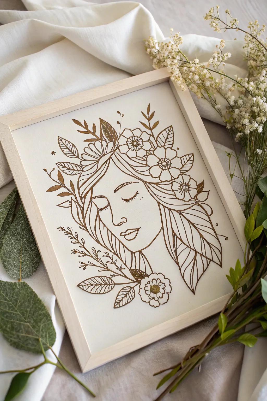 Embrace the harmony of human and nature with this stunning face and foliage stencil art.