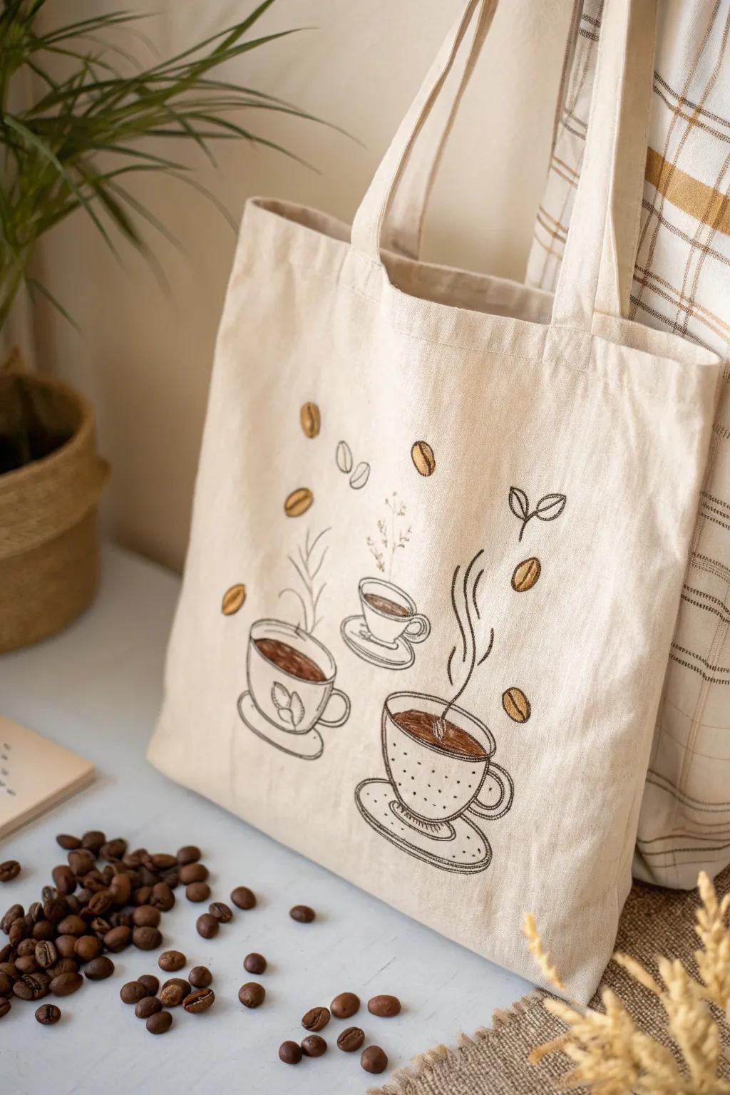 Sip in Style: Embrace your love for coffee with this chic, hand-painted tote bag.