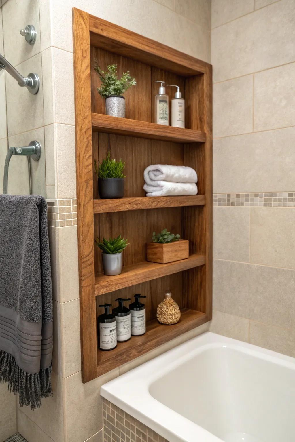 Elevate your bathroom design with recessed shelves that blend storage and access effortlessly.