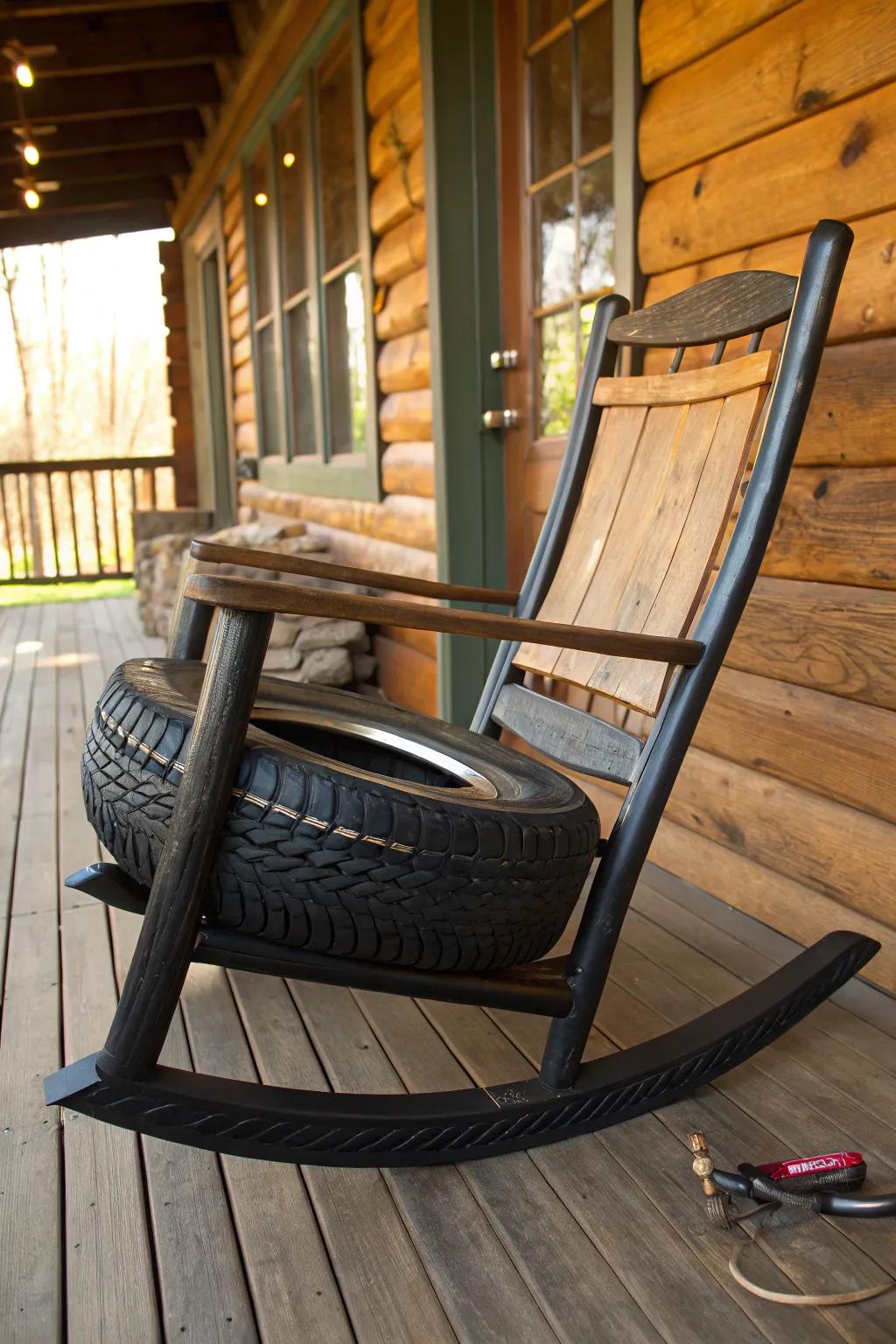 Innovative craftsmanship: Transforming a tire into a stylish rocking chair for your porch.