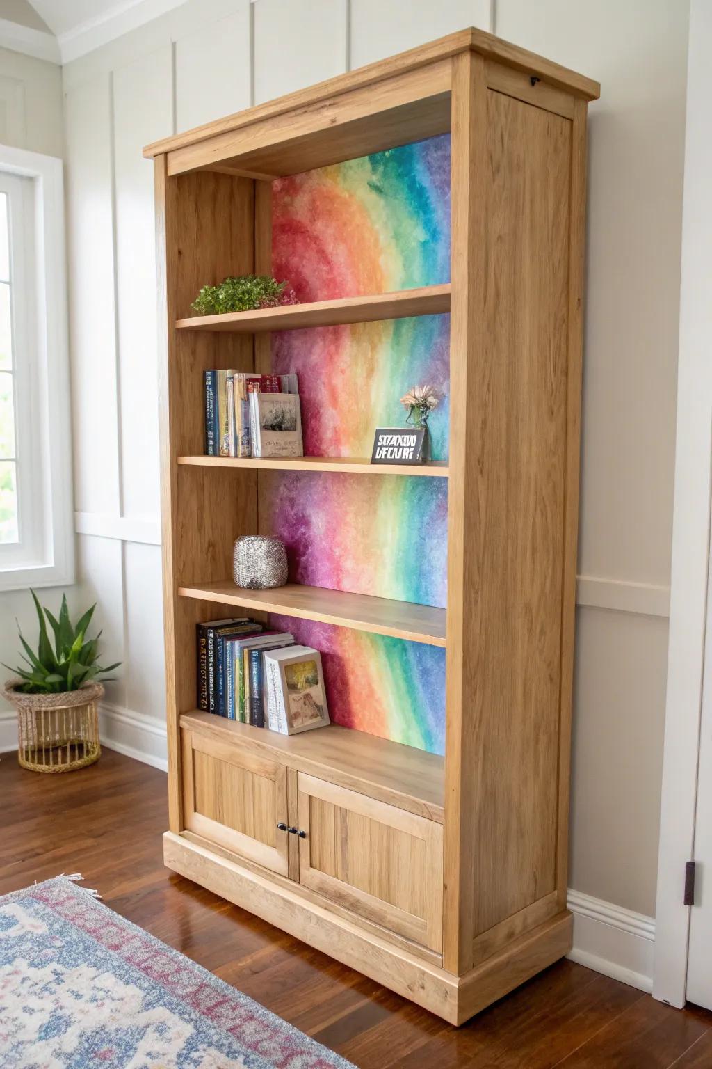 Add a whimsical touch to your bookshelf with a burst of bold colors.