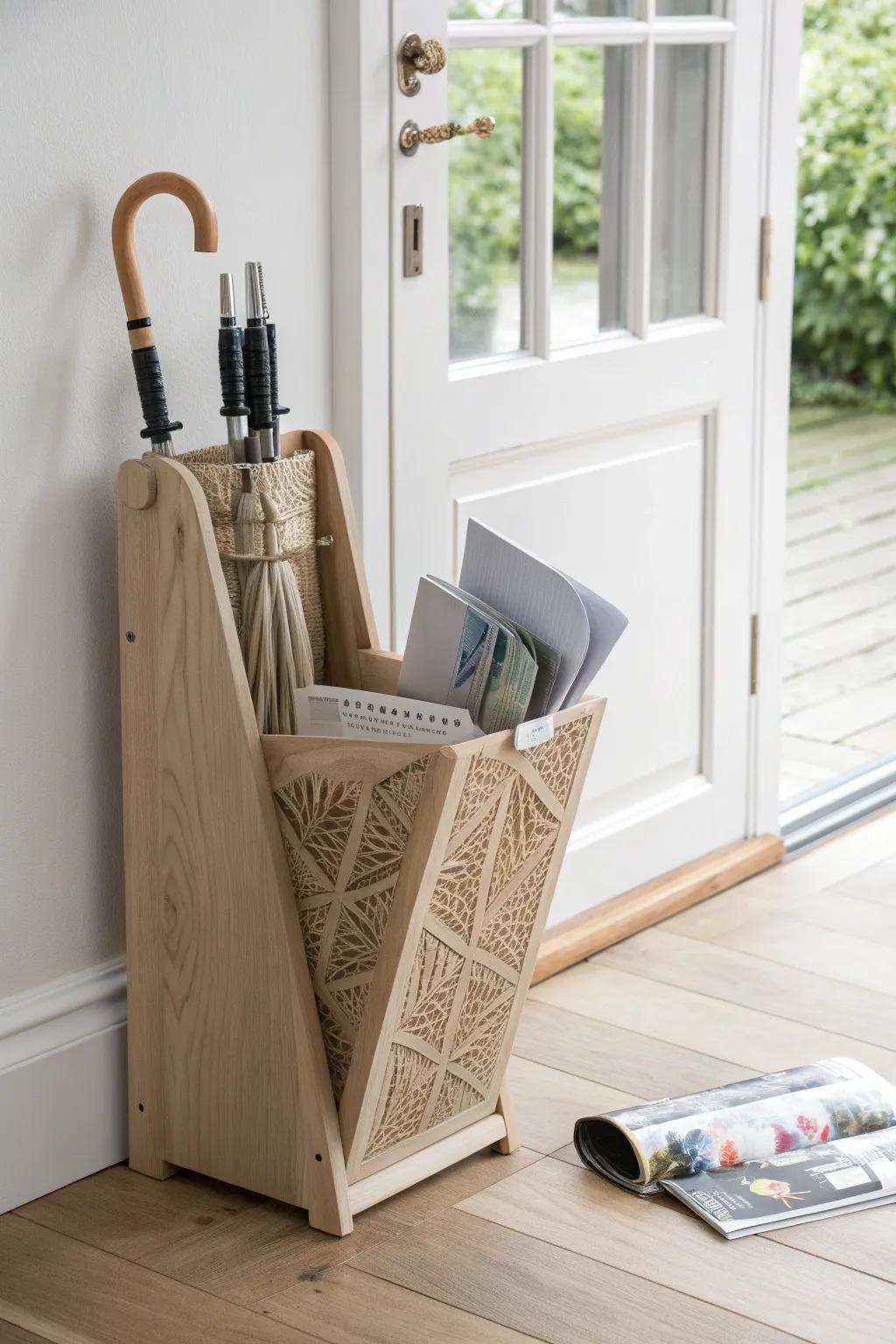 Elevate your entryway with a chic magazine holder for a clutter-free and welcoming space.