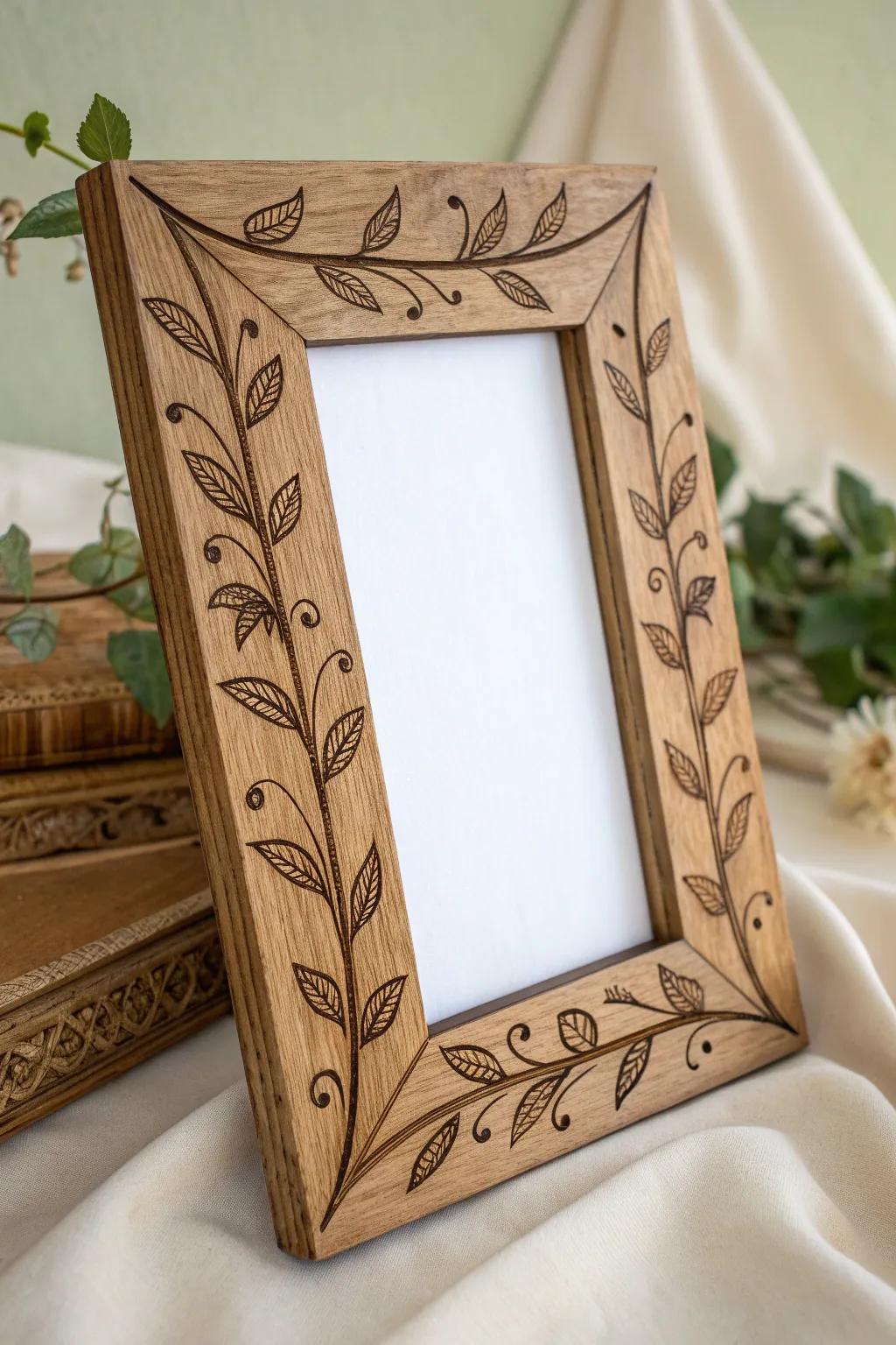 Bring nature indoors with this exquisite vine and leaf wood-burned frame, a perfect blend of minimalist and boho aesthetics.