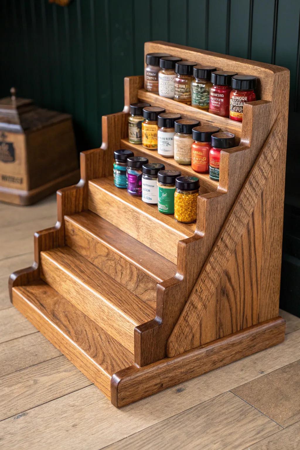 Elevate your kitchen organization with this handcrafted tiered spice rack masterpiece.