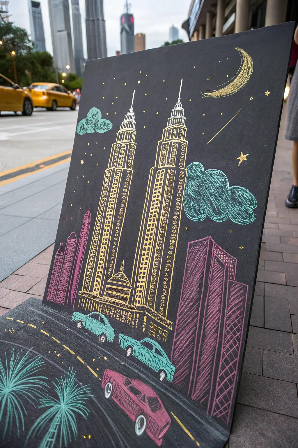 Dive into a whimsical world where urban dreams meet sci-fi magic. 🌆✨ #ChalkArt #FantasyCityscape