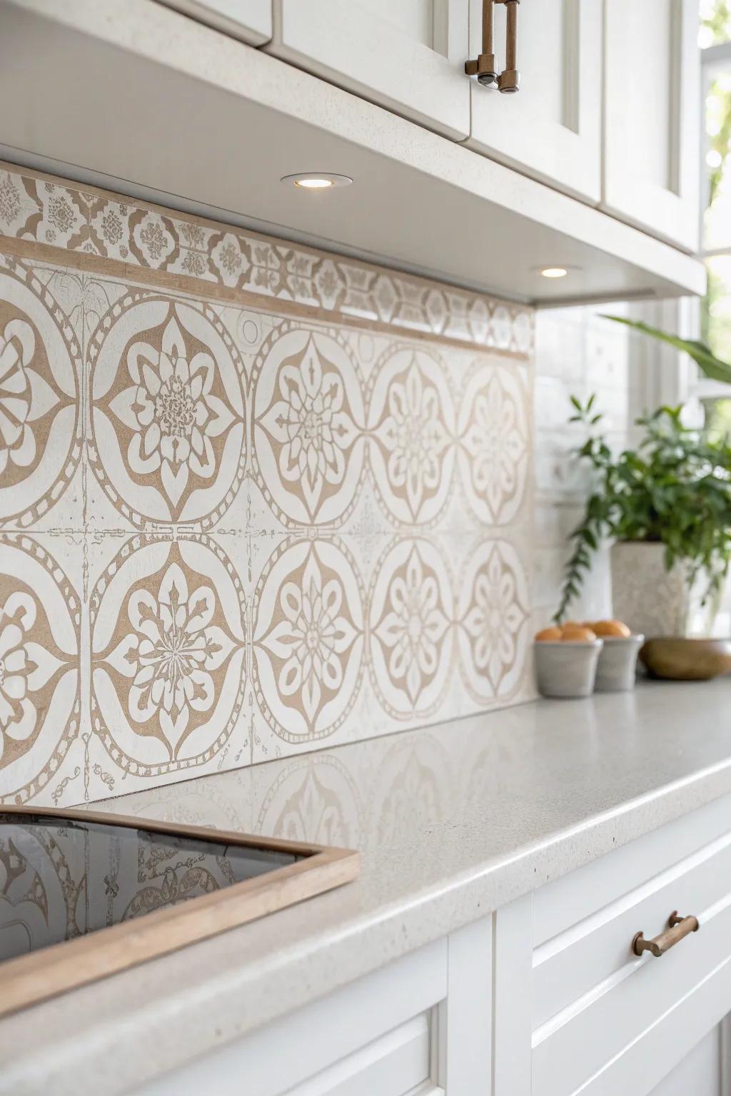 Elevate your kitchen with the elegance of monochromatic minimalism. Subtle stencils, bold impact.