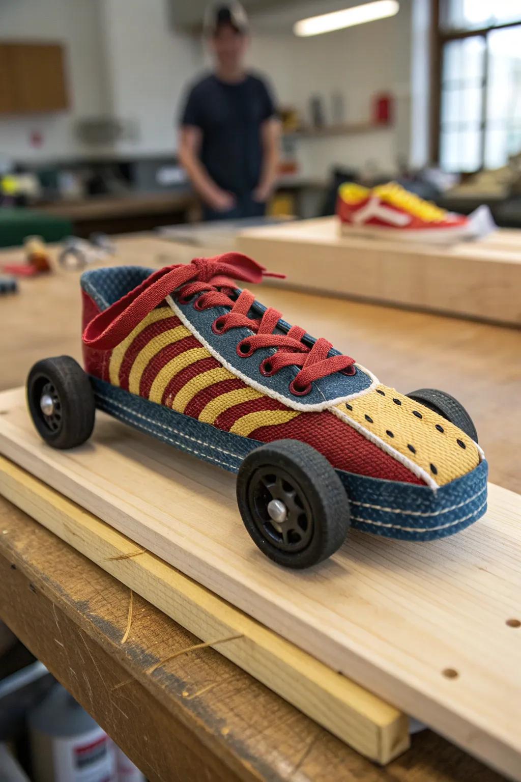 Step into the race with this sneaker-inspired pinewood derby car, where craftsmanship meets creativity.