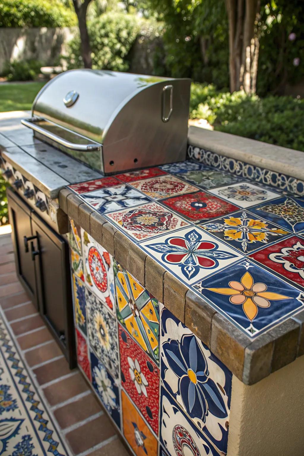 Transform your BBQ area into an eclectic paradise with vibrant, hand-painted tile countertops.