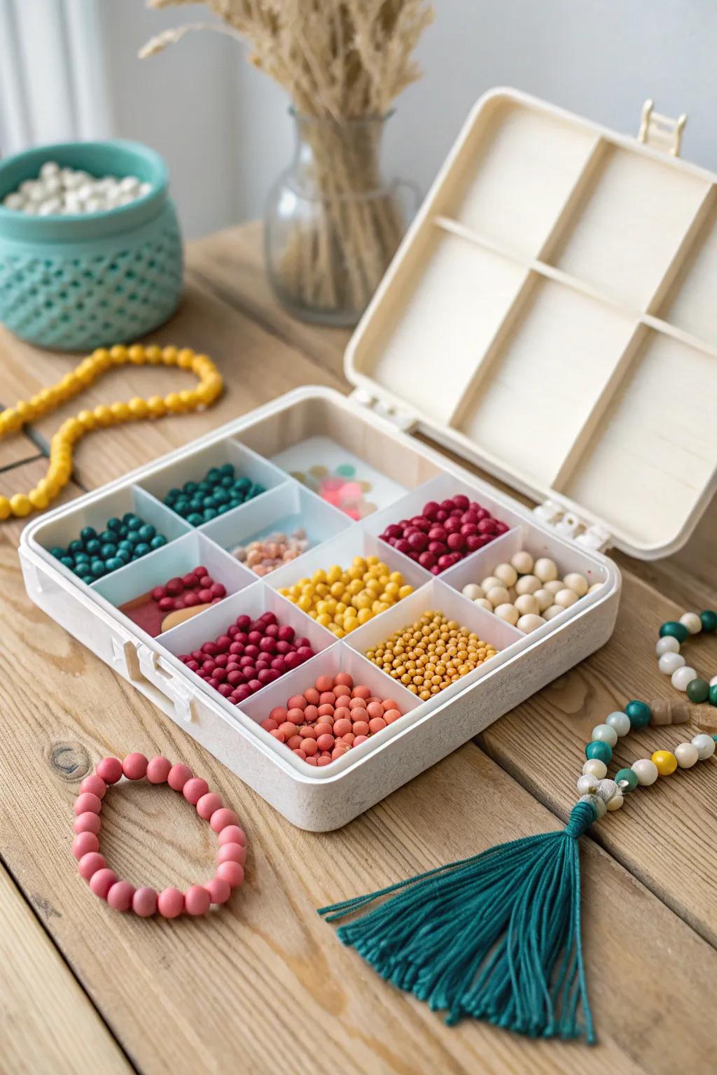 Transform a simple tackle box into a stylish bead organizer! Perfectly organized for creativity on-the-go, with a touch of Boho flair.