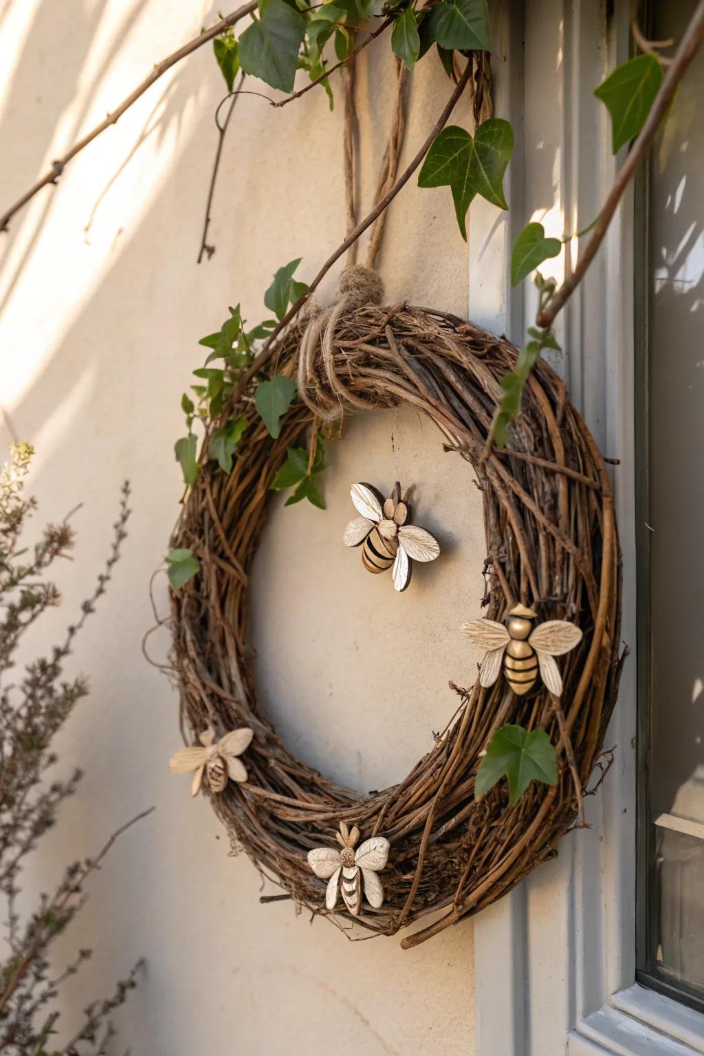 Embrace rustic charm with this handcrafted bee wreath, perfect for adding a cozy touch to your entryway.
