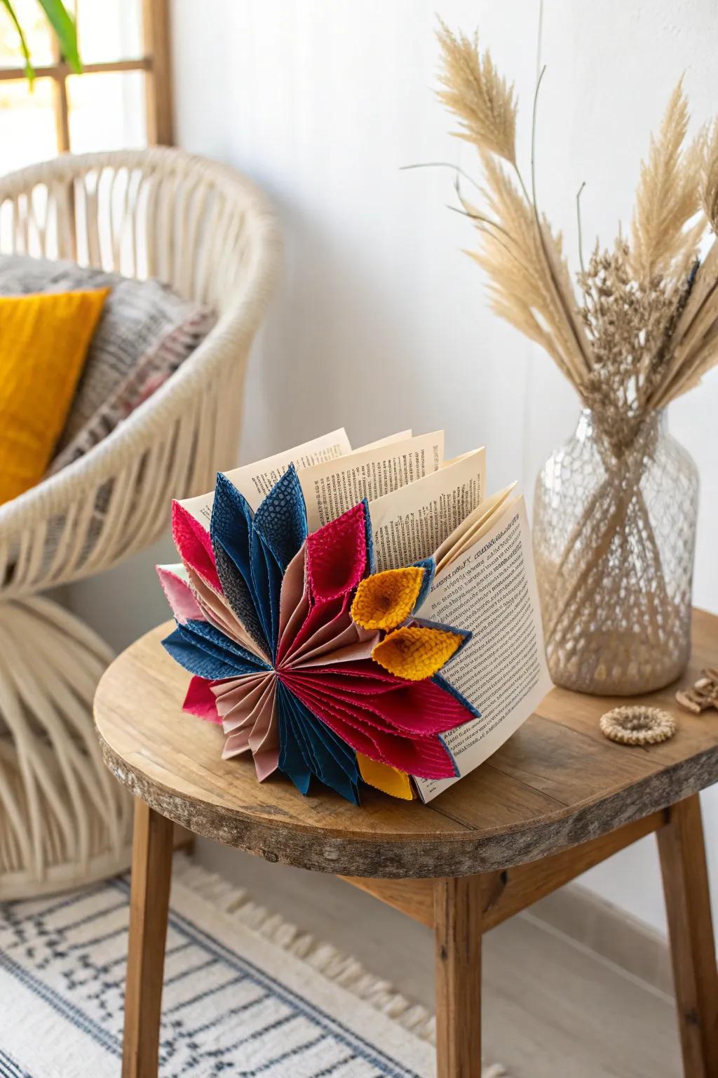 Add a burst of color and creativity to your space with this vibrant book sculpture, where art meets simplicity.