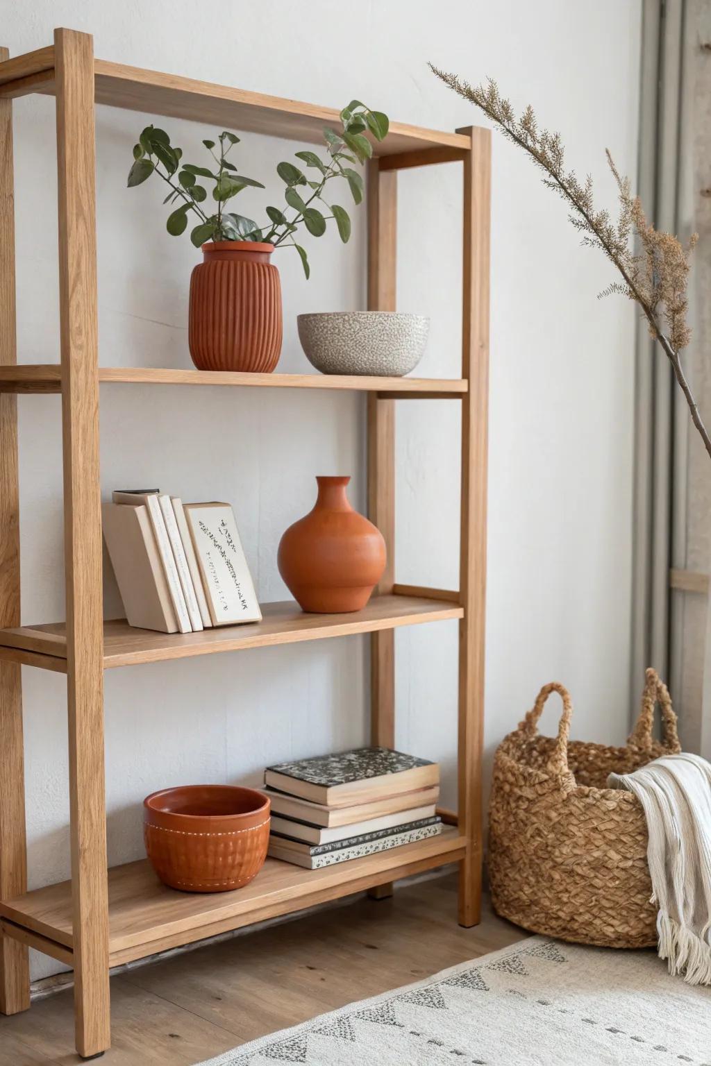Embrace simplicity: A touch of nature and craftsmanship for your bookshelf makeover.