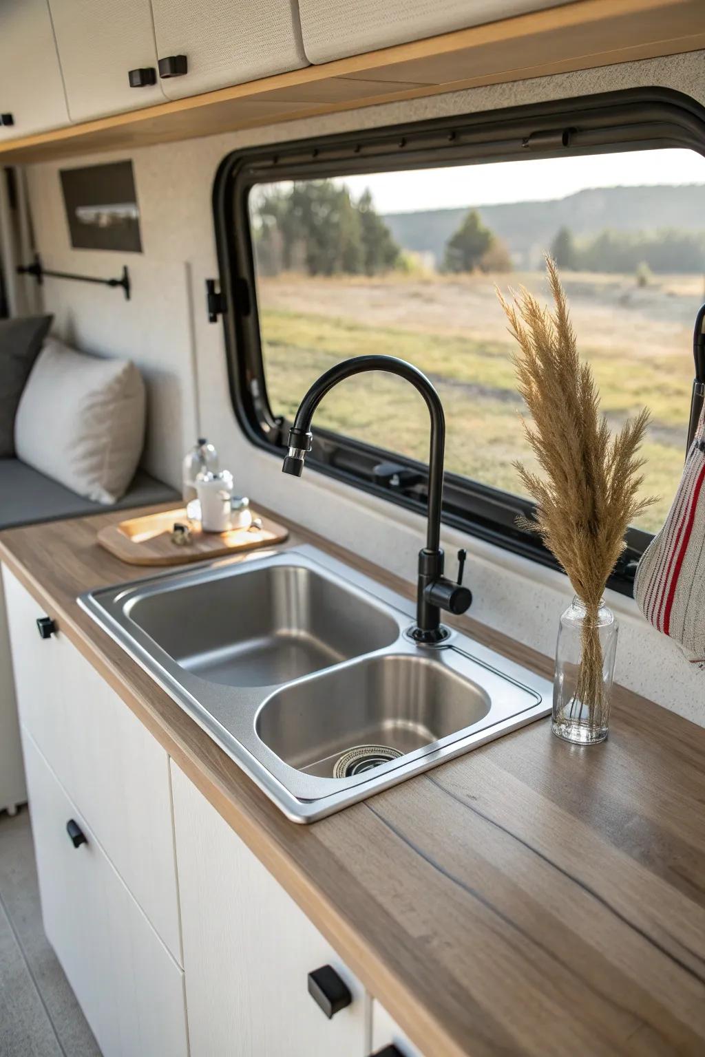 Stay refreshed on the road with this chic campervan sink, complete with an integrated water filter. A perfect blend of style and functionality!
