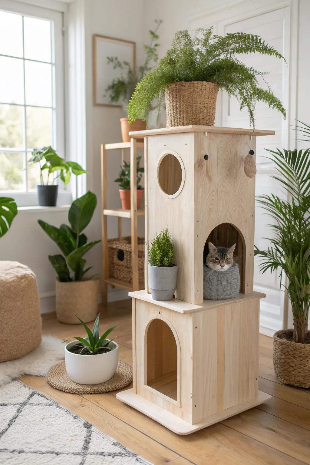 Transform your cat's play area into a nature-inspired oasis with minimalist charm and a touch of greenery.