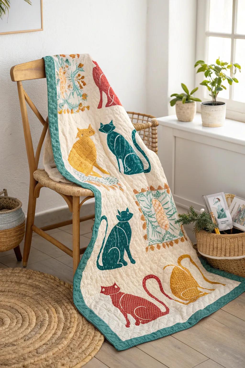 Wrap yourself in warmth and whimsy with a handcrafted cat-themed quilt, where every stitch tells a story of love and artistry.