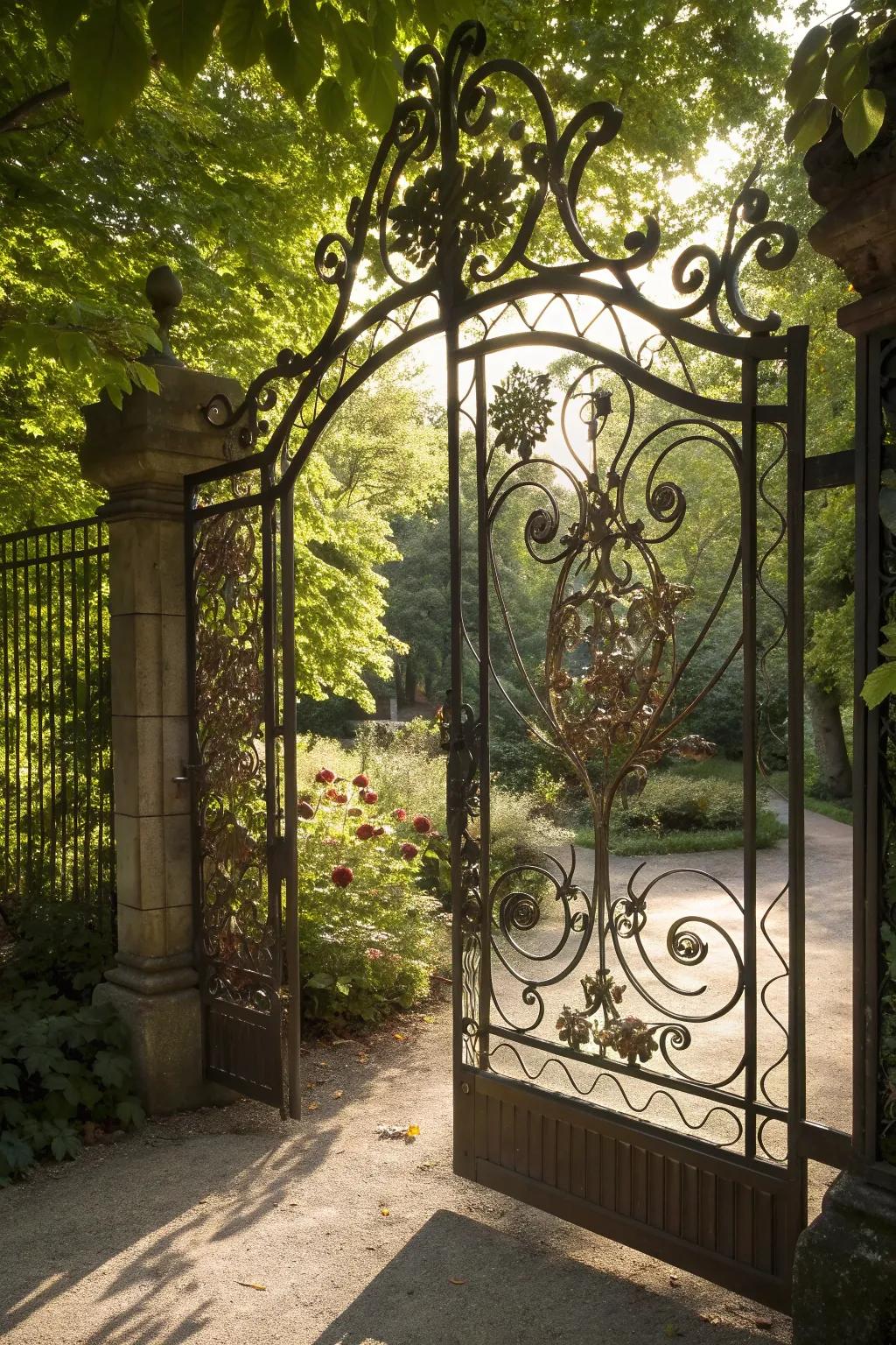 Elevate your backyard with a stunning decorative metalwork gate that merges art with function.