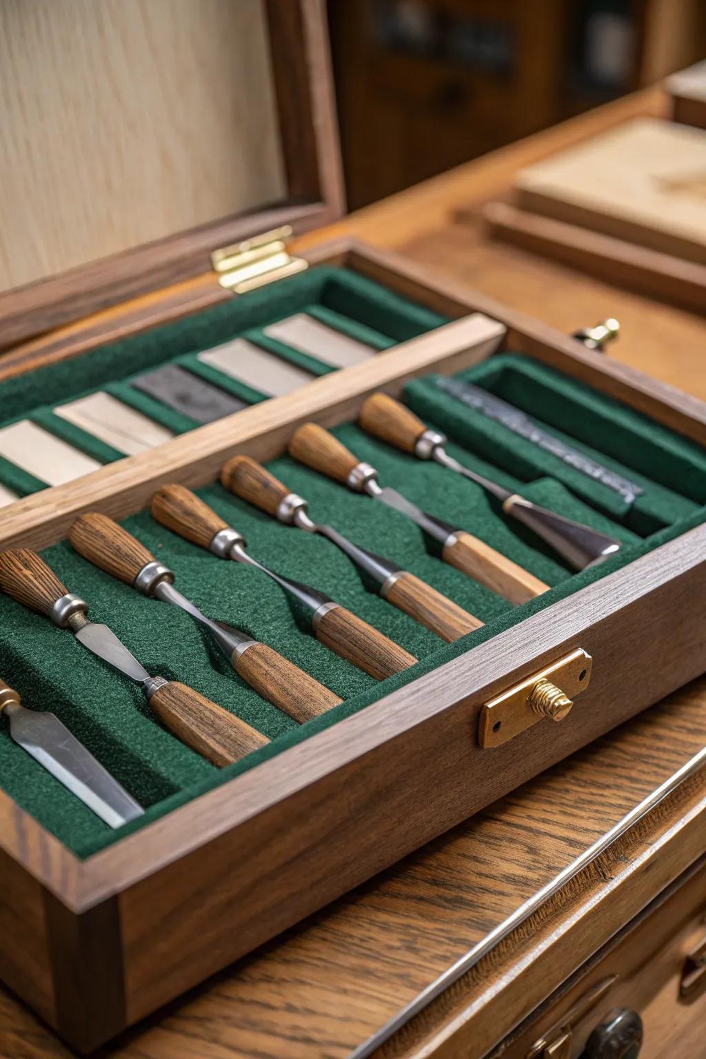 Elevate your workshop with these custom drawer inserts designed for chisel storage—where elegance meets functionality.