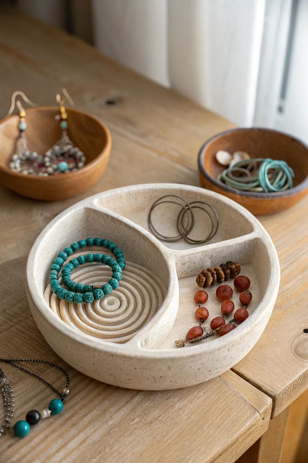 Discover the harmony of function and art with this exquisite coil bowl, perfect for organizing your jewelry with style.