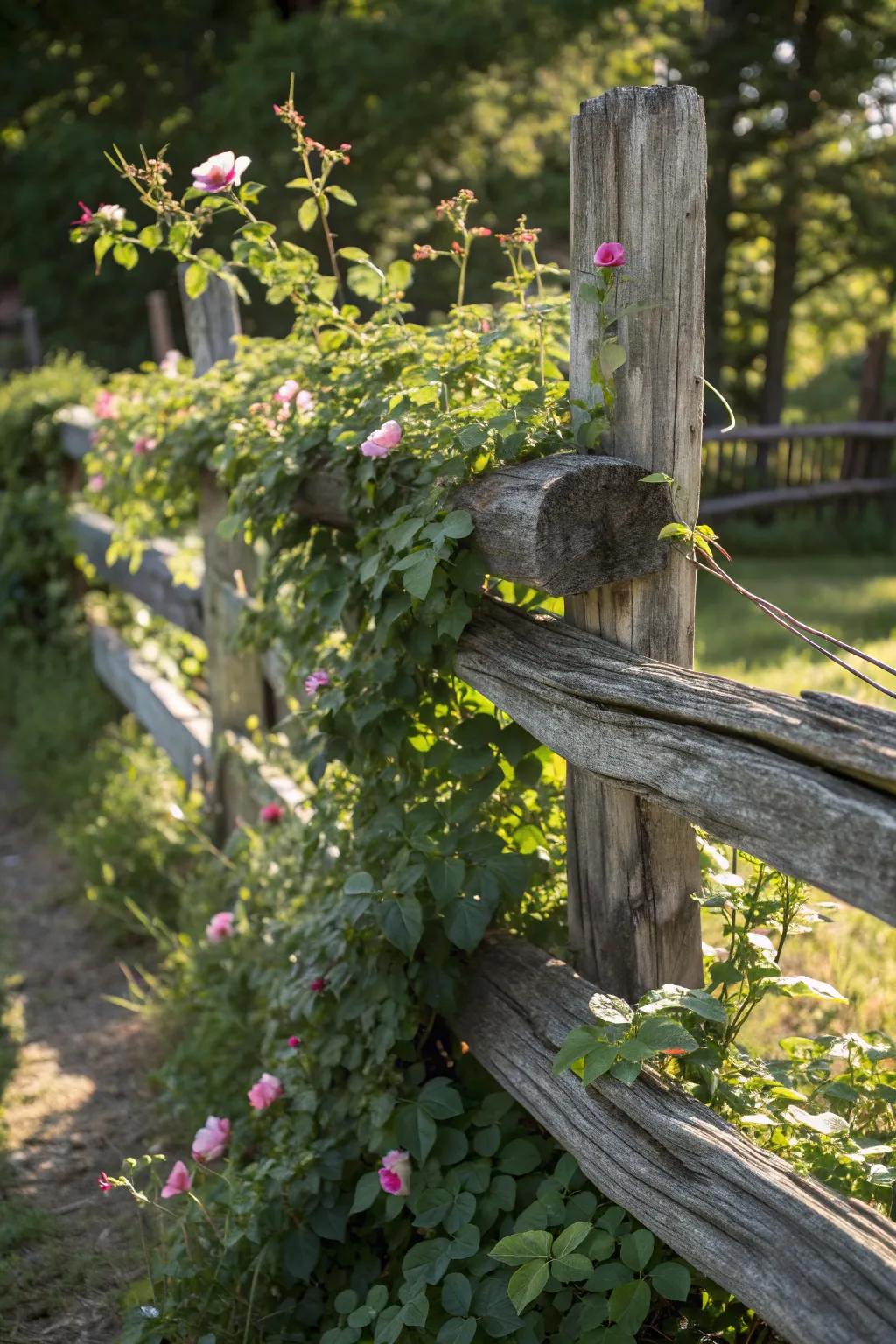 Nature's Embrace: A Corner Fence Adorned with Ivy and Roses.