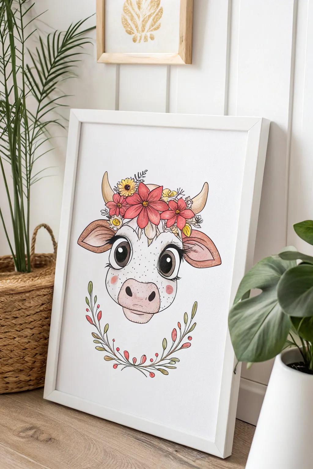 Add a touch of whimsical charm to your space with this adorable chibi cow head drawing. Perfect for fans of minimalist and Boho aesthetics!
