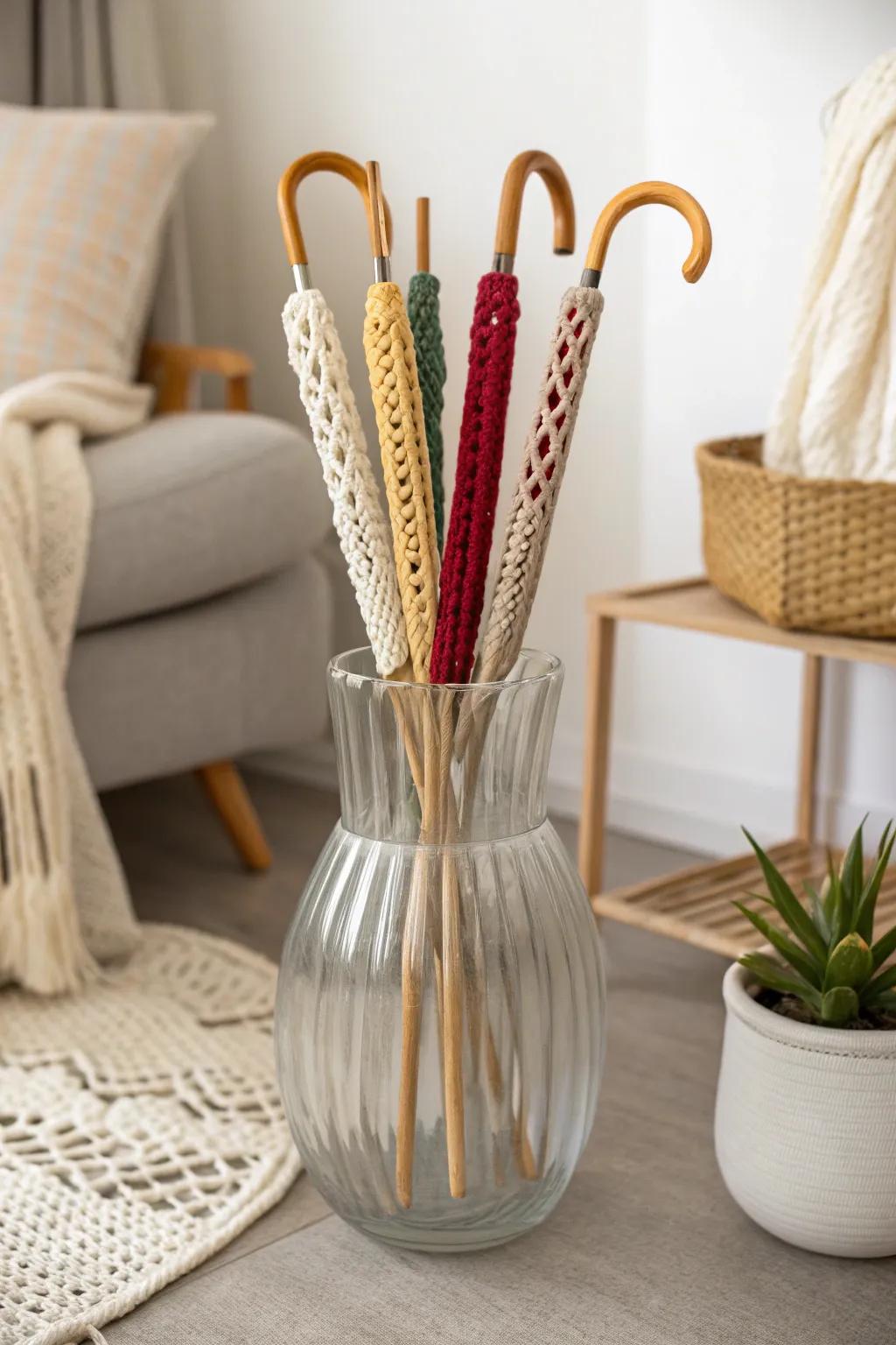 Elevate your crochet tools into a stunning display with an elegant glass vase. Perfect for adding a touch of sophistication to your craft space.