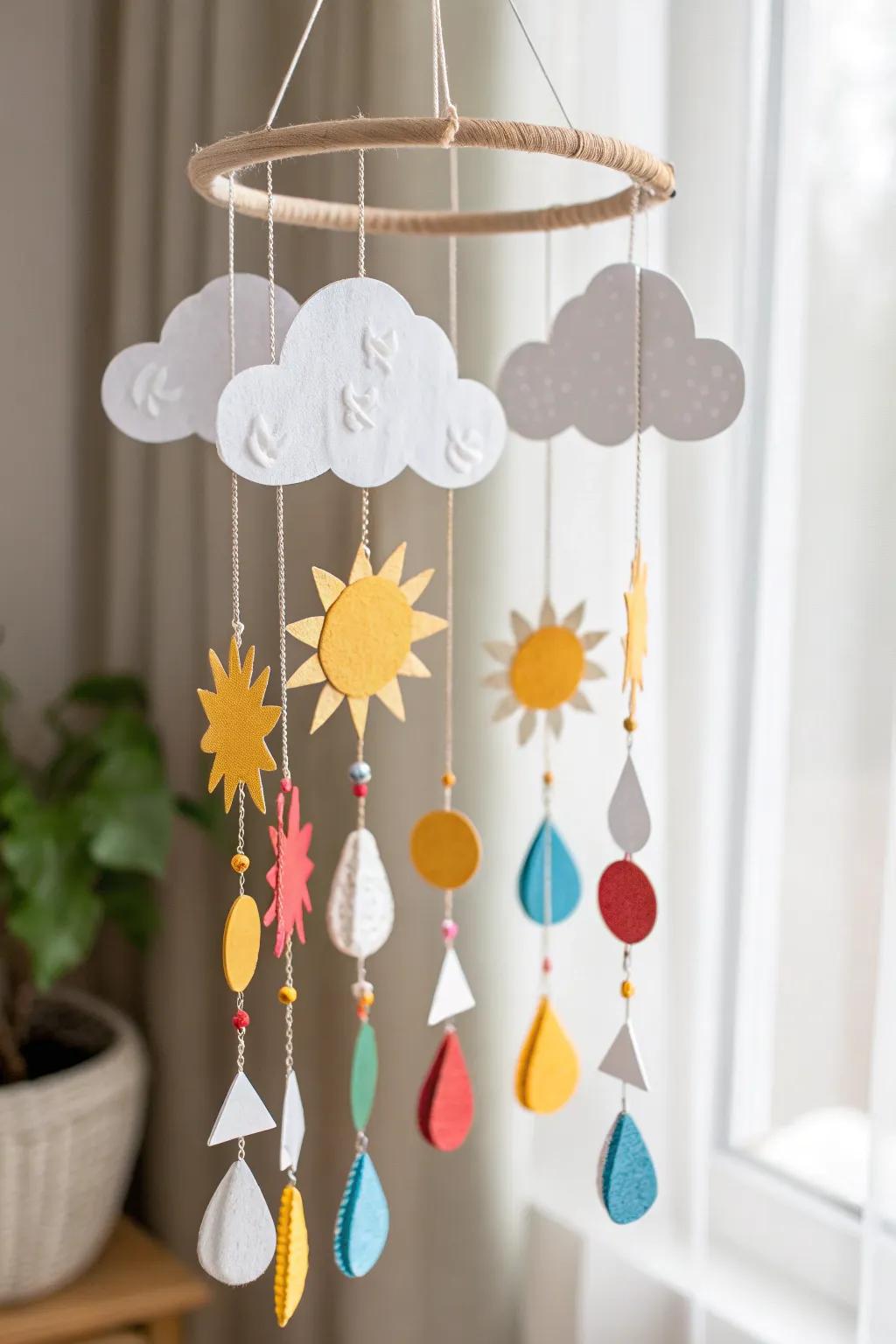 Bring the beauty of weather indoors with this handcrafted mobile – a perfect blend of simplicity and bold color.