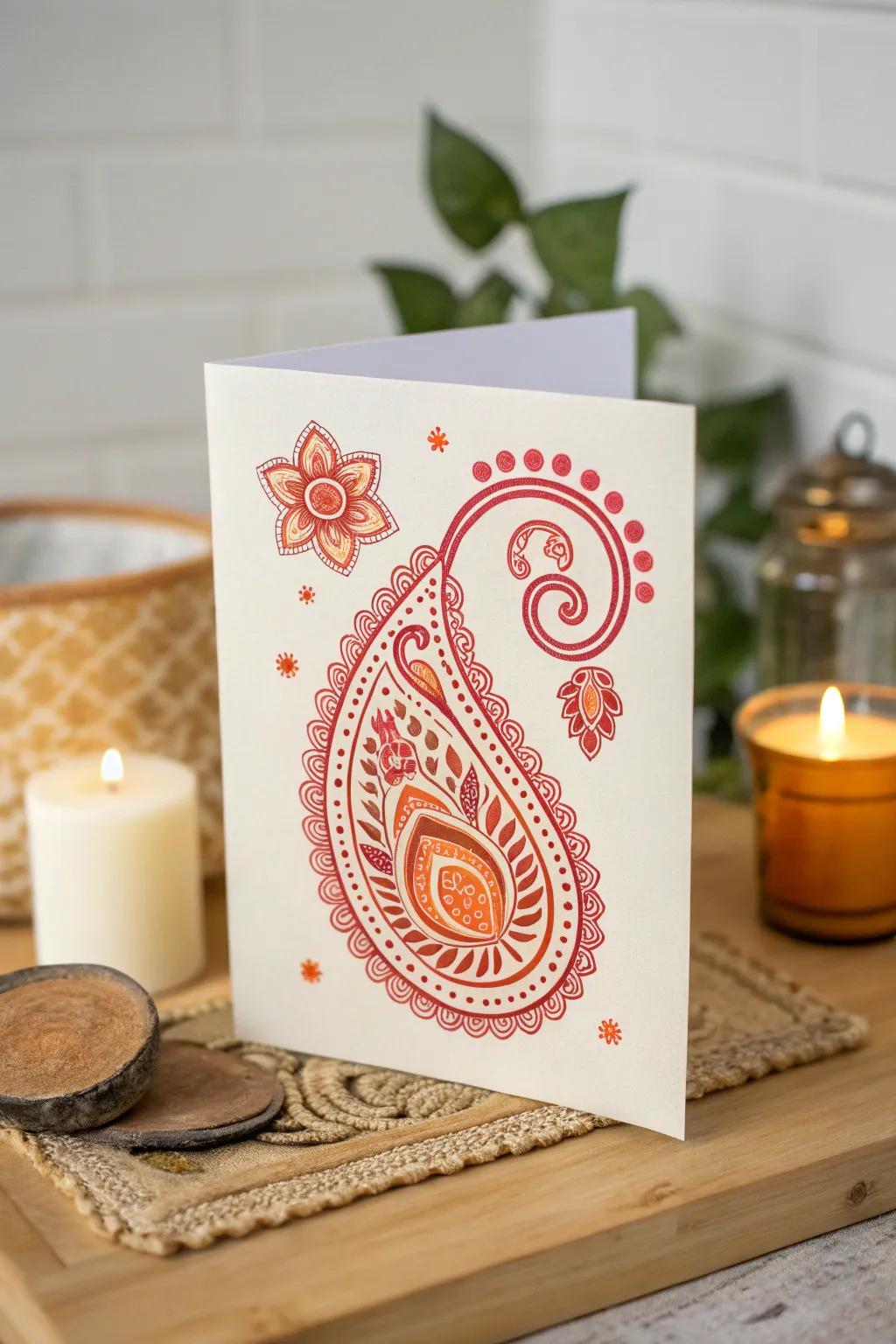 Celebrate Diwali with minimalist elegance: A stunning paisley motif card that marries tradition with modern design.