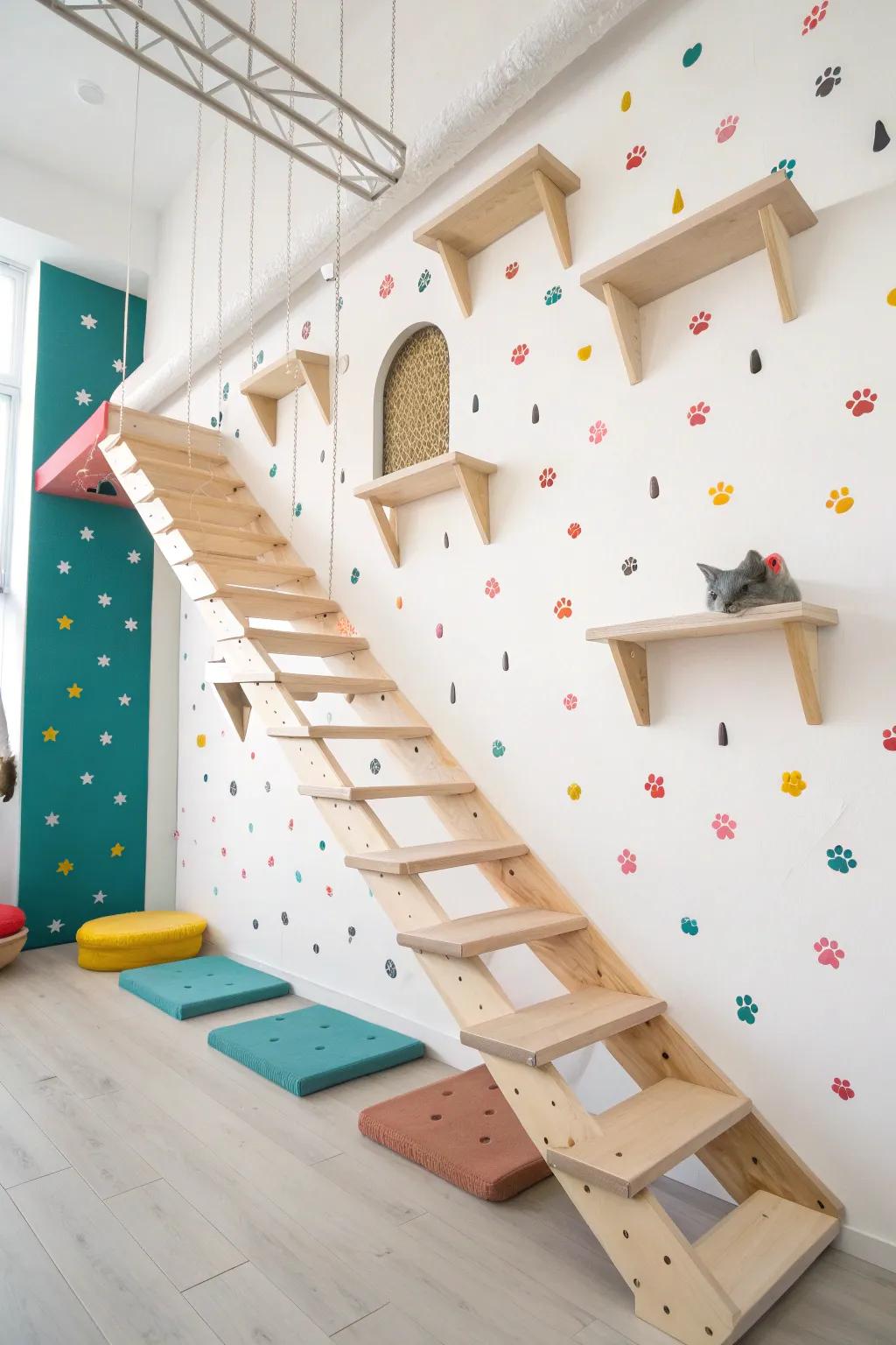 Elevate your cat's playtime with a minimalist climbing wall infused with bold, boho-inspired colors!