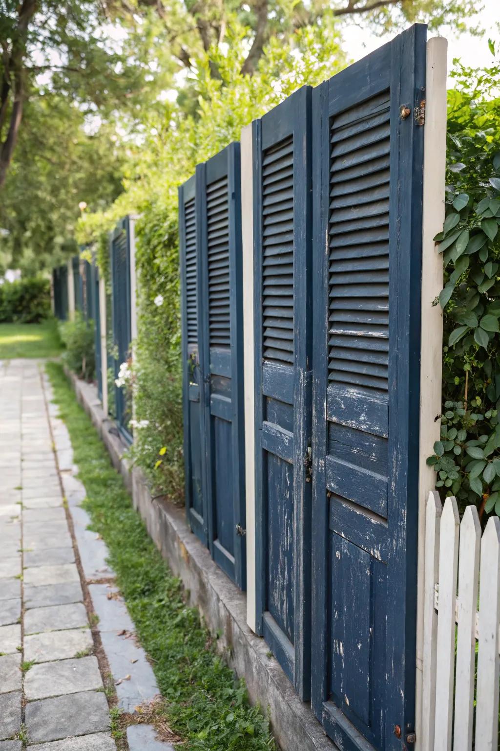 Transform discarded shutters into a nostalgic privacy fence with a touch of craftsmanship.